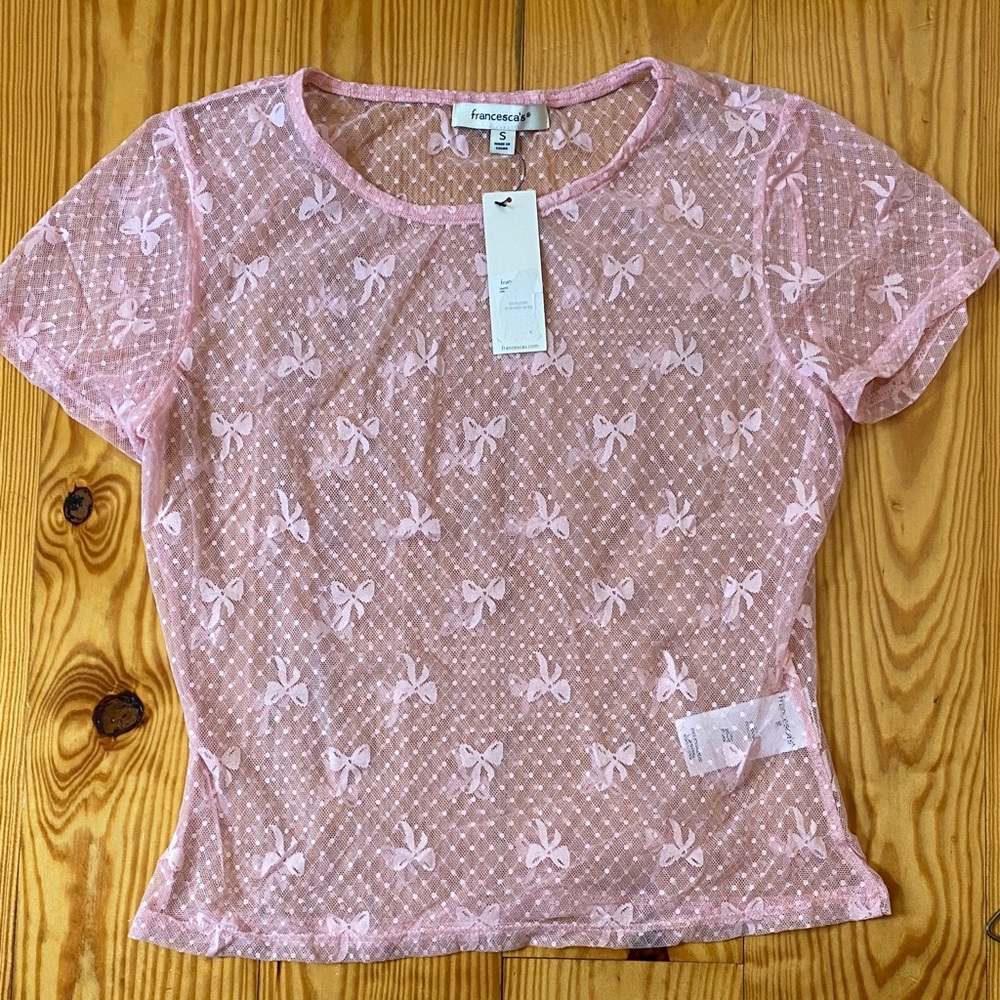 Francesca's Collections Pink Bow Lace Tee